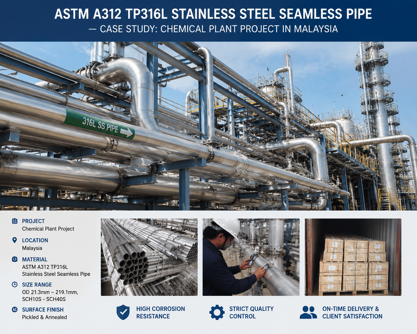 Latest company case about Successful Supply of ASTM A312 TP316L Stainless Steel Seamless Pipes For Malaysia Chemical Plant Project
